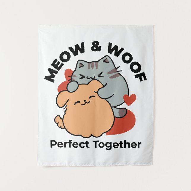 Tapiz Adorable Cat and Dog Hug - Diseño de Meow & Woof (Anverso)