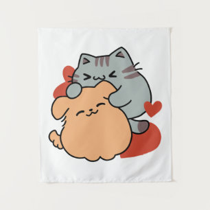 Tapiz Adorable Cat and Dog Hug - Diseño de Meow & Woof