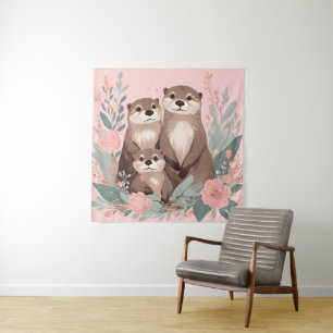 Tapiz Adorable Otter Boho Rosa Mamá papá y bebé