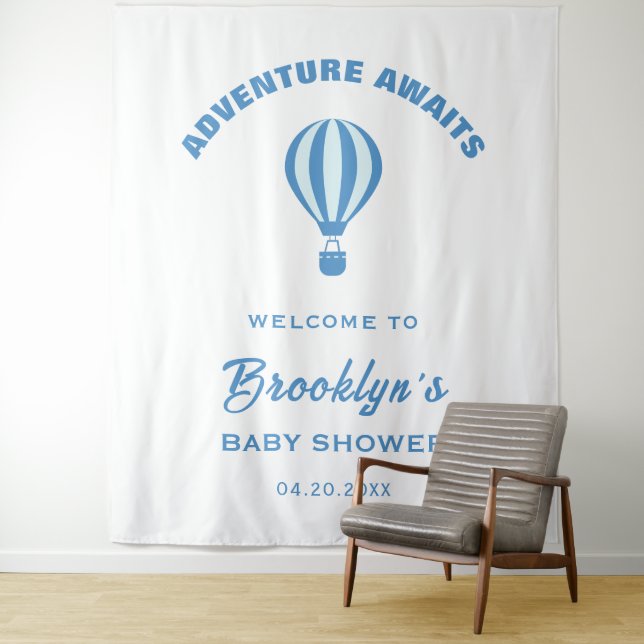 Tapiz Adventure Awath Blue White Baby Shower Backdrop (In situ)