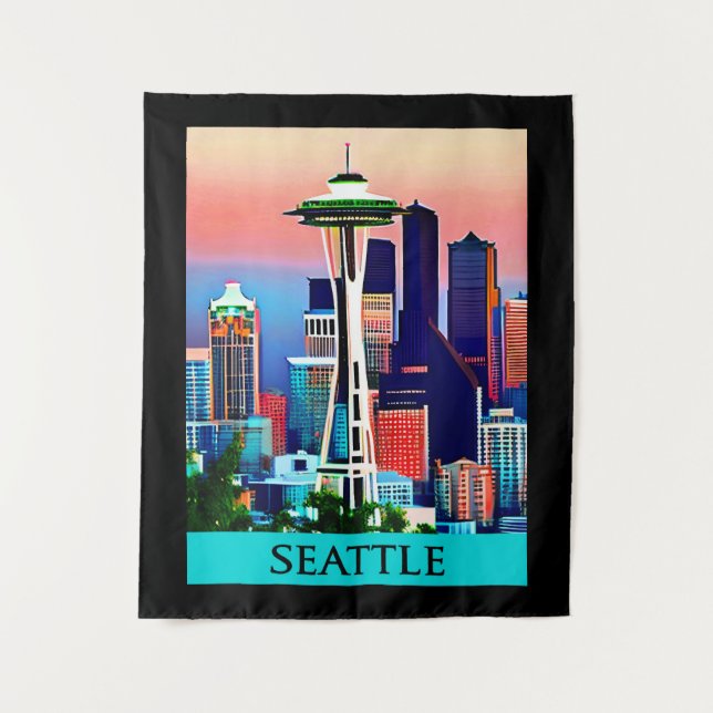 Tapiz Afiche de viaje de Seattle bajo un cielo del amane (Anverso)
