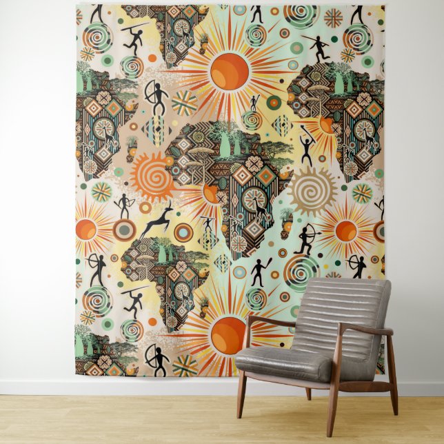 Tapiz Africa Map Decorative Tribal Elements Pattern (In situ)