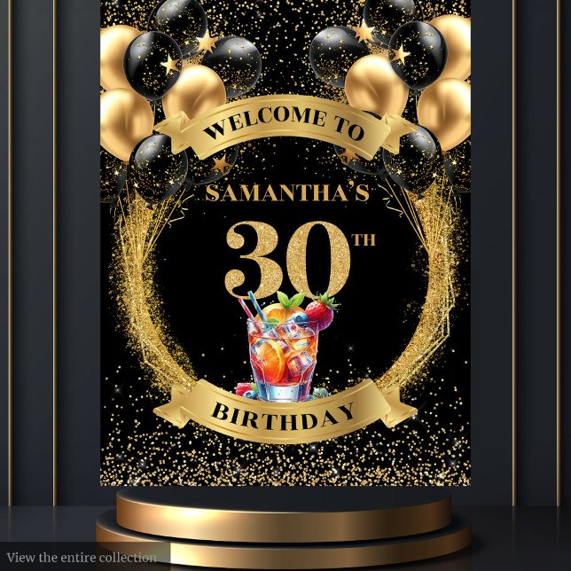 Tapiz Agradable banner de oro negro de cumpleaños 30 (Charming 30th Birthday Whiskey Black Gold Banner)