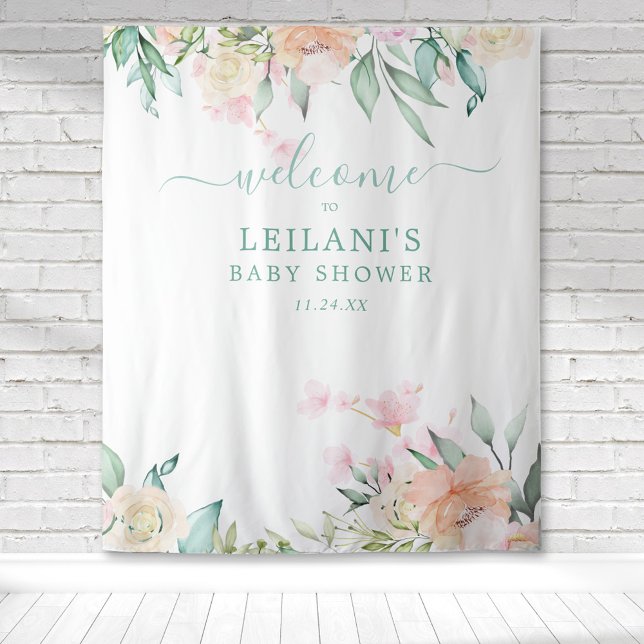 Tapiz Agua Floral Pastel Wreath Bienvenida Botánica (Pastel watercolor floral botanical welcome baby shower tapestry photo op background.)