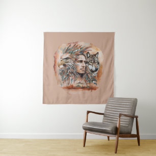 Tapiz Águila - Hombre - Lobo - acuarela arte 1 - Diversi