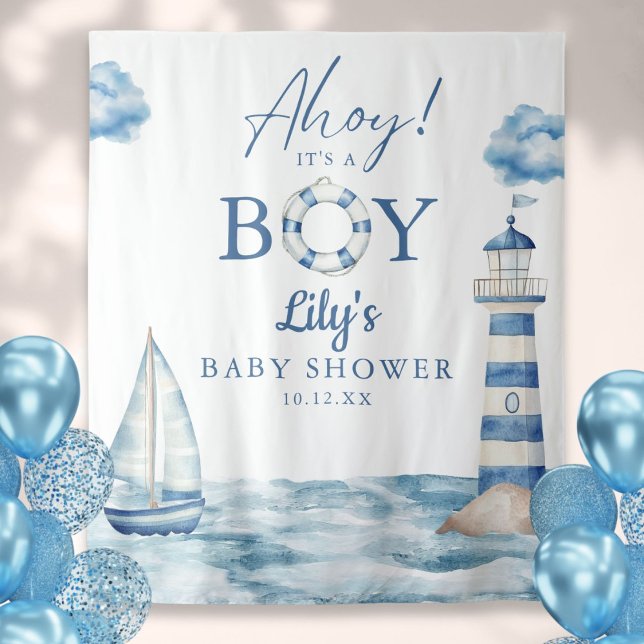 Tapiz Ahoy Es Un Niño Foto De Baby Shower (Ahoy Its A Boy Baby Shower Photo Backdrop)