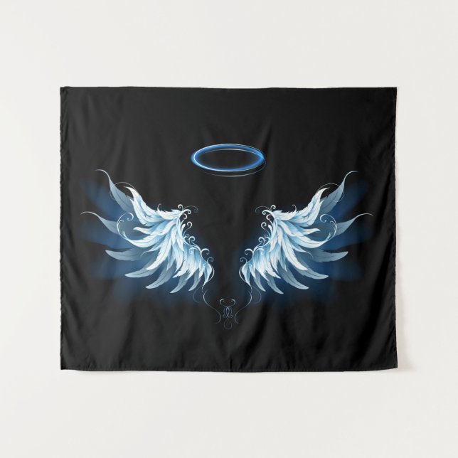 Tapiz Alas del Ángel Azul brillante sobre fondo negro (Anverso (horizontal))