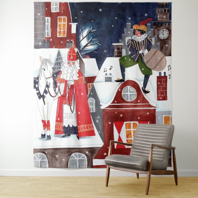 Tapiz Aldea nocturna de Sinterklaas Pared de fiesta hola (In situ)