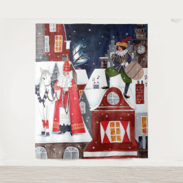 Tapiz Aldea nocturna de Sinterklaas Pared de fiesta hola
