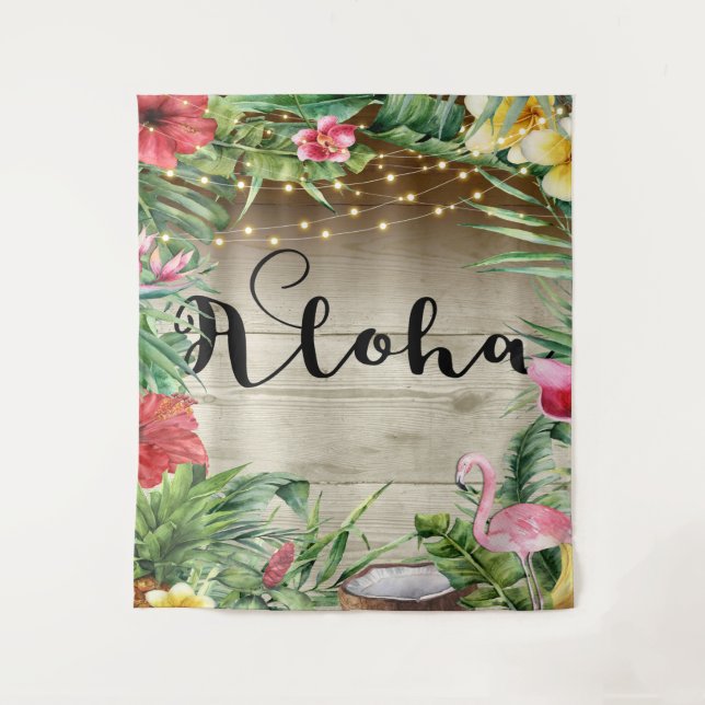Tapiz Aloha Tropical Wood Floral Leaves y Luces Luau (Anverso)