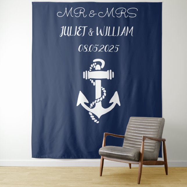 Tapiz Anchor Navy Mr & Mrs Boda Backdrop Banner (In situ)