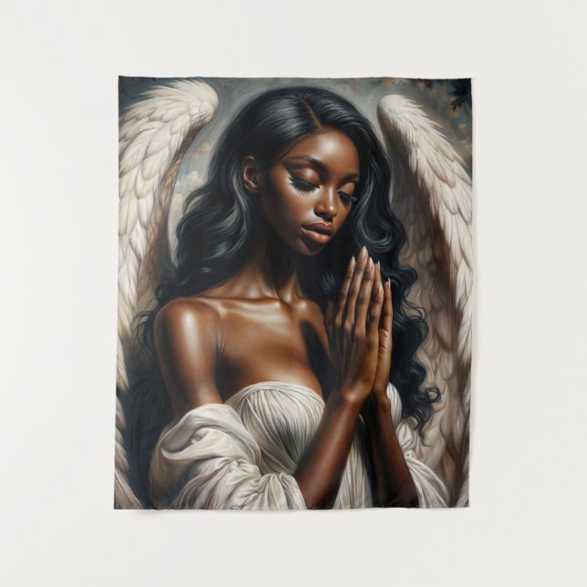 Tapiz Ángel de la mujer negra rezando arte (Anverso)