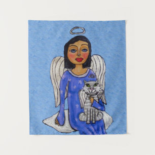 Tapiz Angel Holding Cat en Cloud Silver Halos Light Blue