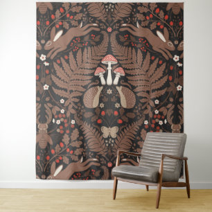 Tapiz Animales de bosque y plantas en rojo y marrón