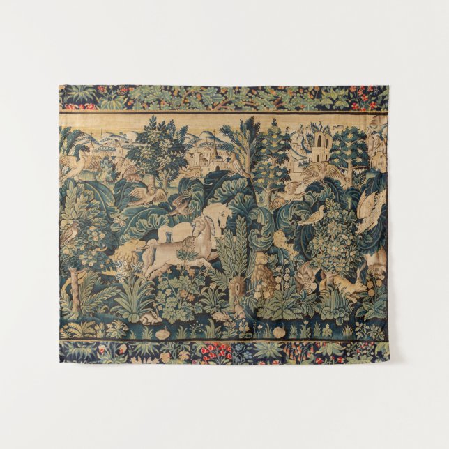 Tapiz ANIMALES DE FANTASÍA, CABALLOS, Flora verde azul d (Anverso (horizontal))