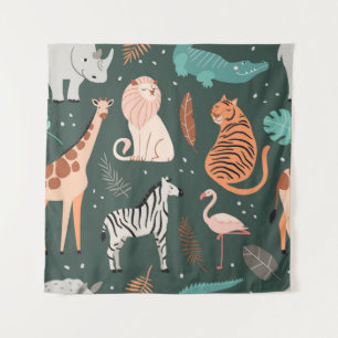 Tapiz Animales exóticos: Patrón de niños tropicales oscu