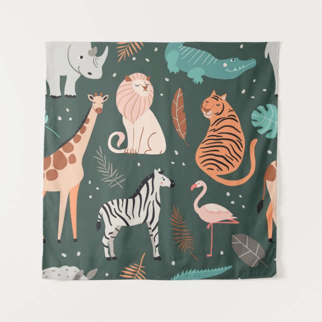 Tapiz Animales exóticos: Patrón de niños tropicales oscu (Anverso)