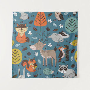 Tapiz Animales forestales, azul, estilo escandinavo