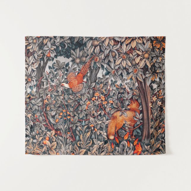 Tapiz ANIMALES FORESTALES Pheasant, Red Fox, Gray Floral (Anverso (horizontal))