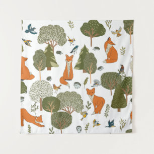 Tapiz Animales forestales: zorros, patrón de aves