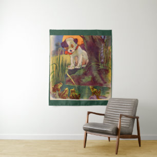 Tapiz Años 1930 adorables cachorros y ranas toro