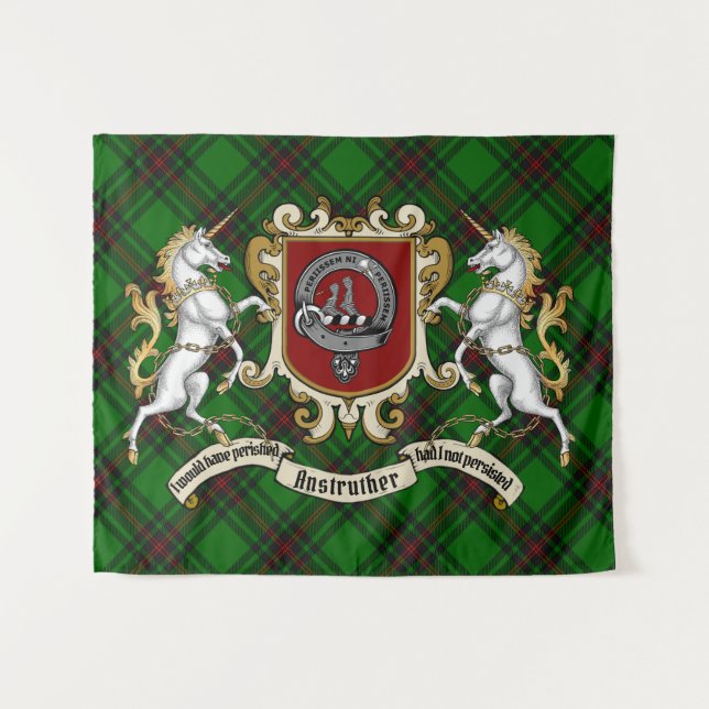 Tapiz Anstruther Clan Badge & Unicorns con Tartán (Anverso (horizontal))