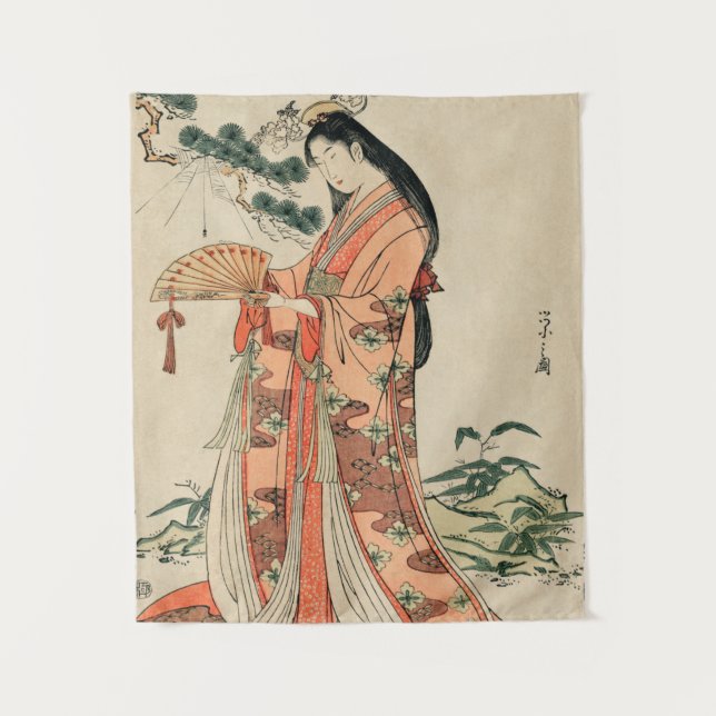 Tapiz Antiguo dibujo de madera japonesa con mujer (Anverso)