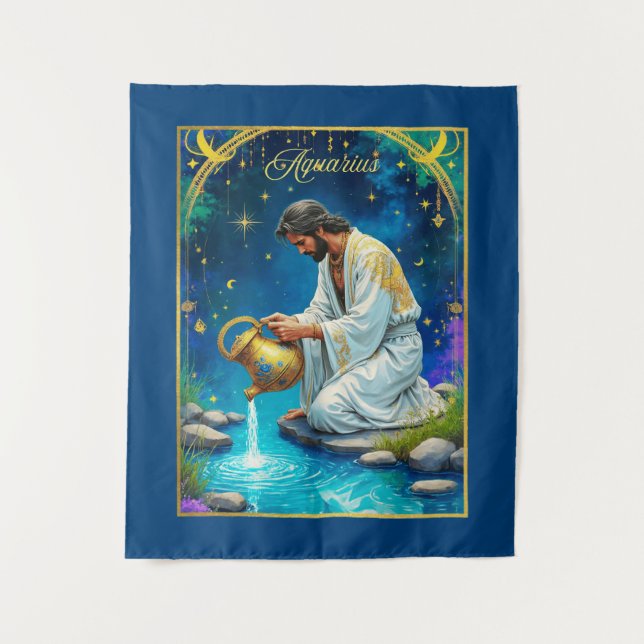 Tapiz Aquarius Zodiac Sign Under a Starry Sky (Anverso)