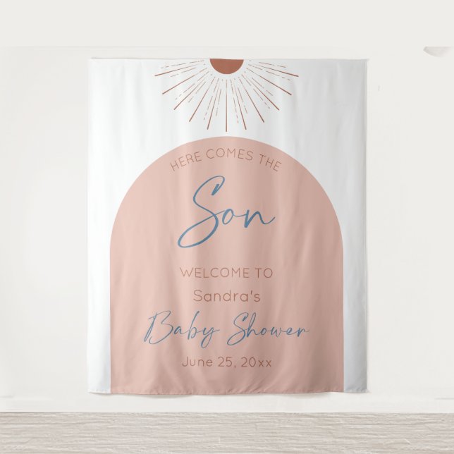 Tapiz Aquí Viene El Baby Shower Boho Son (Anverso)