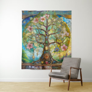 Tapiz Árbol de la Vida Florido de 7 Chakras