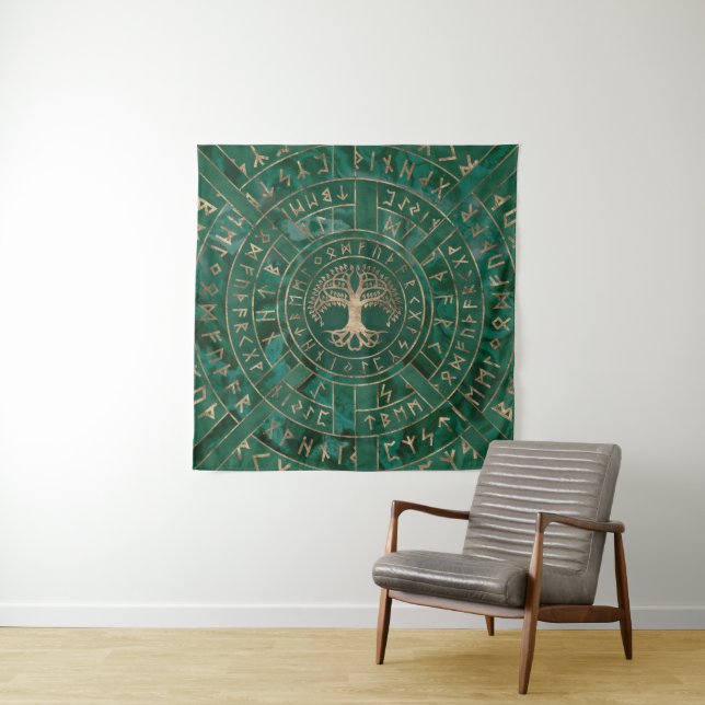 Tapiz Árbol de vida - Yggdrasil y Futhark - Malaquita (In situ)