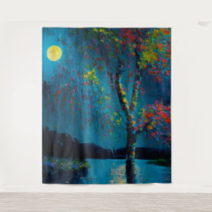 Tapiz Árbol del río de la Luna mágica en estilo de pintu