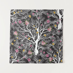 Tapiz árbol negro transparente con un patrón de flores c