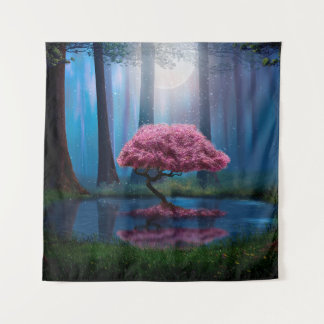 Tapiz Árbol rosa y estanque en el bosque por la noche