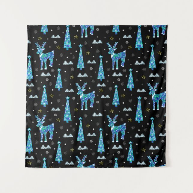 Tapiz Árboles de Navidad, copos de nieve de renos. Ilumi (Anverso)