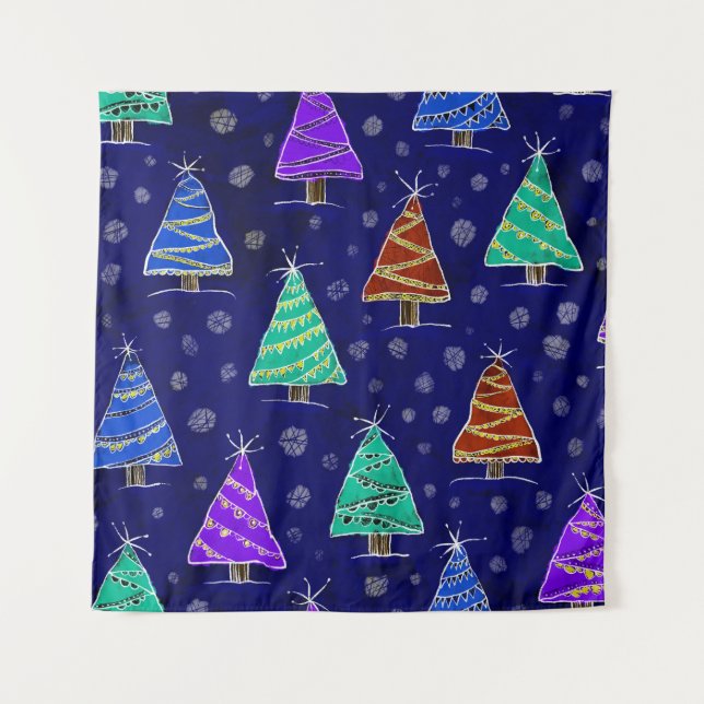 Tapiz Árboles navideños acuarelas: Patrón forestal. (Anverso)