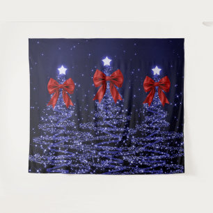 Tapiz Árboles Navideños Brillantes Azul Marino con Lazo 