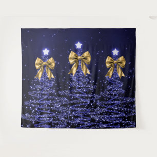 Tapiz Árboles Navideños Brillantes Azul Marino con Lazo 