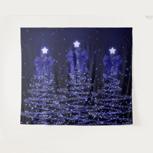Tapiz Árboles Navideños Brillantes Azul Marino con Lazo 