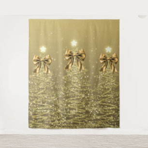 Tapiz Árboles Navideños Brillantes Dorados con Lazo Fals