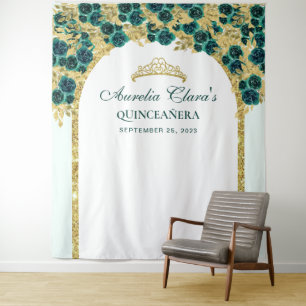 Tapiz Arco de oro de princesa floral esmeralda Quinceane