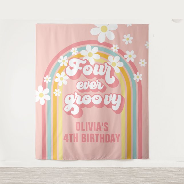 Tapiz Arcoíris Retro Cuatro Cumpleaños Groovy Para Siemp (Anverso)