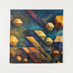 Tapiz Armonía Geométrica: Cubos Abstractos en Oro y Verd