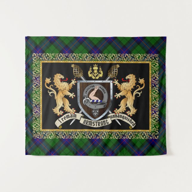 Tapiz Armstrong Clan Badge & Motto con Leones (Anverso (horizontal))
