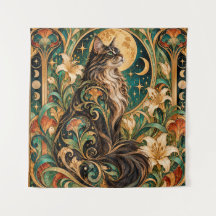Tapiz Art Nouveau de Gato Místico y Luna