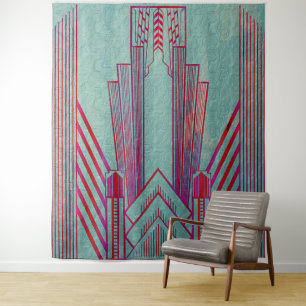 Tapiz Art Nouveau, rojo, verde azulado, verde, vintage, 