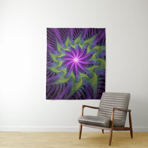 Tapiz Arte abstracto fractal moderno de flor verde púrpu