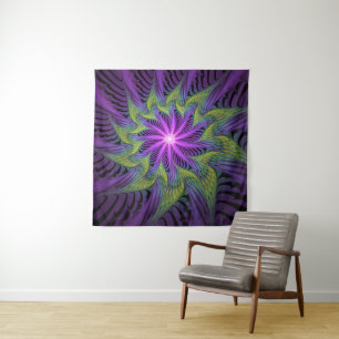 Tapiz Arte abstracto fractal moderno de flor verde púrpu