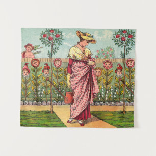 Tapiz Arte Antiguo Mujer Flor Creciente Jardín