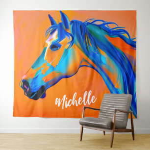 Tapiz Arte de caballos con abstracción de azul y Naranja
